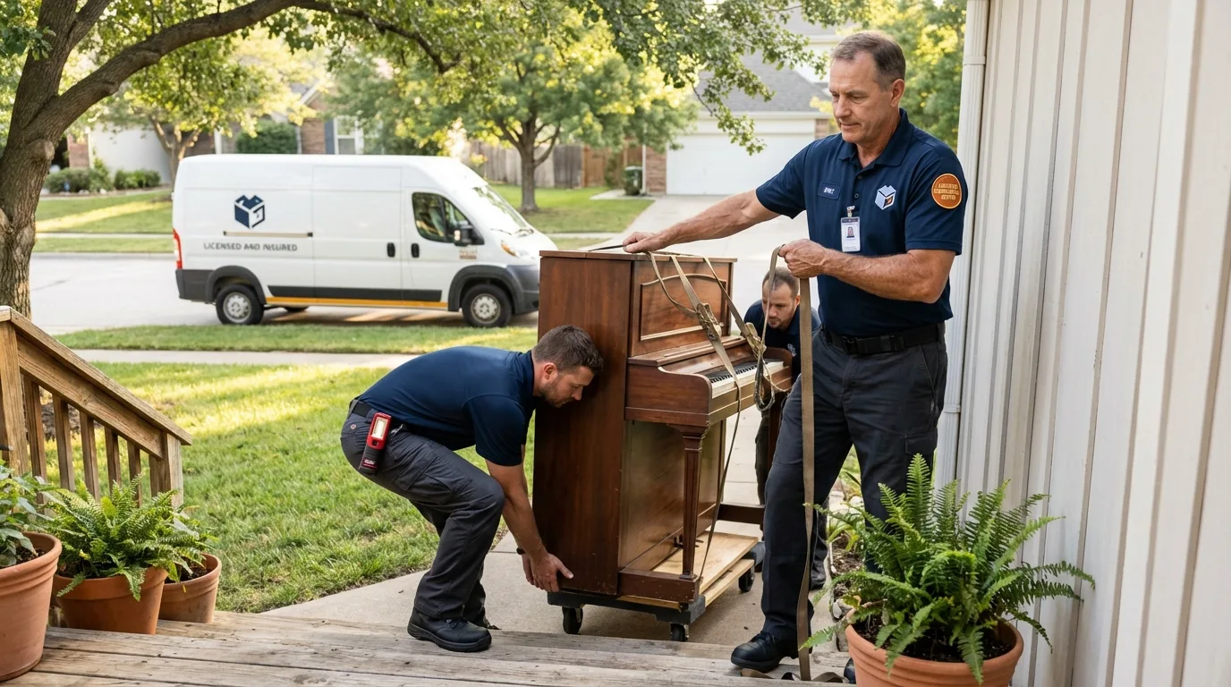 Licensed piano movers securing grand piano in Jonestown, PA