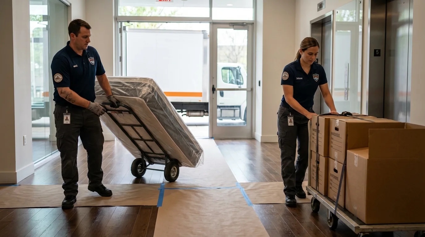 Professional apartment movers loading elevator in Jonestown, PA