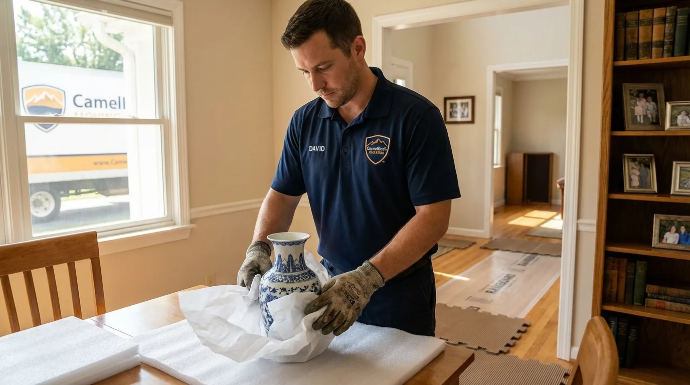 Professional crew carefully wrapping antique vase for senior downsizing move in Jonestown, PA